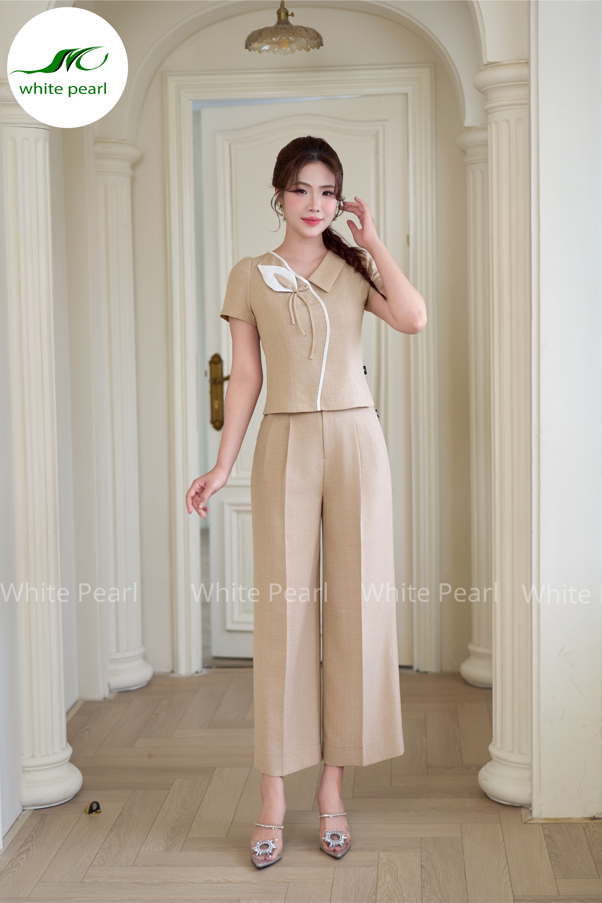Bộ Ký Giả | Áo cổ tim phối màu + Quần suông 2 ly