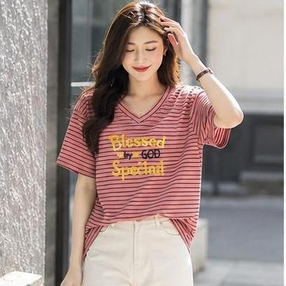 Áo Thun lẻ 356 Cổ tim sọc ngang Free Size 45-75kg Co Giãn 4 Chiều Tôn Dáng Mềm Mịn Thoáng Mát Dễ Phối Phong Cách Borip Quảng Châu Chất Liệu Cao Cấp_thumbnail_1
