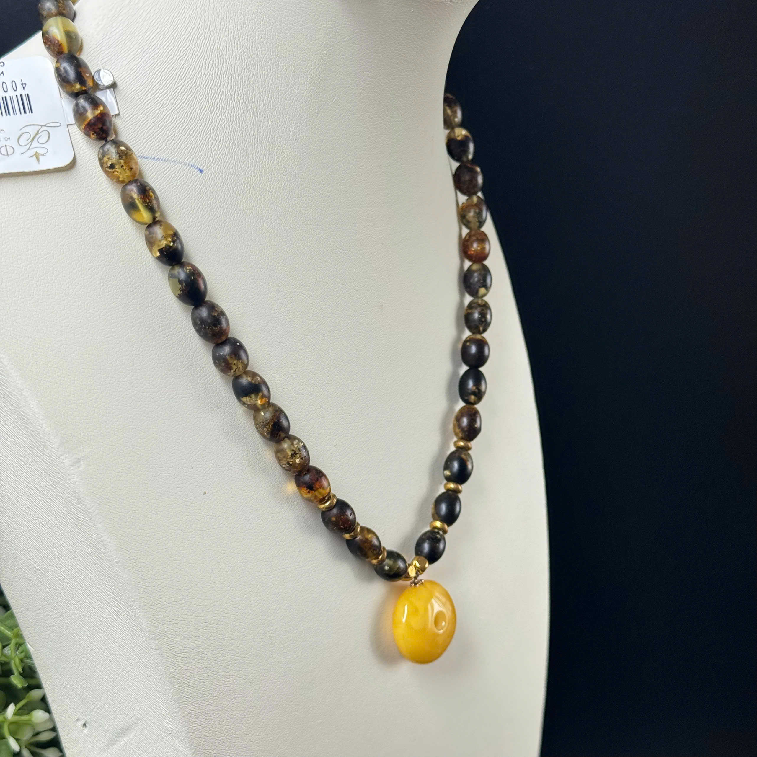 Dây Cổ Choker Hổ Phách Baltic Rêu Ô Liu Nở Hoa Mài Lì Phối Đồng Điếu Vàng Bơ - 1505
