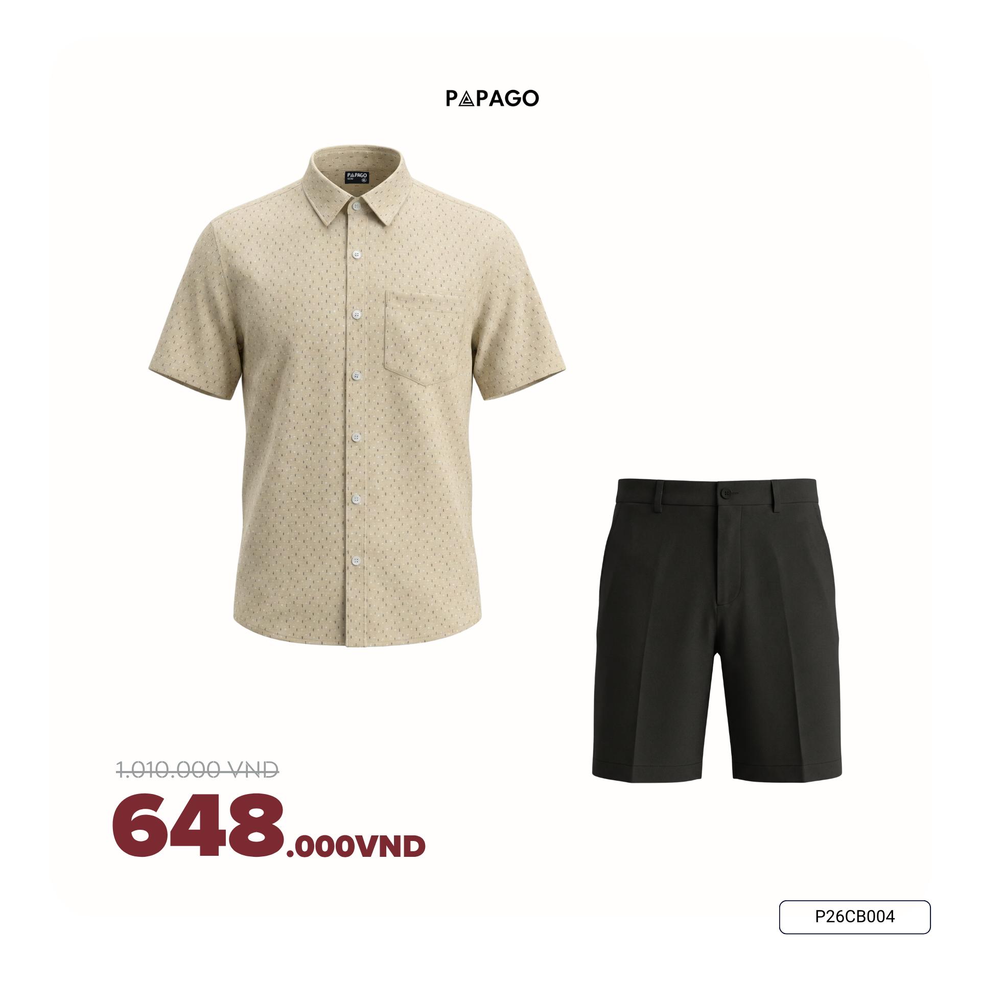 [Tặng Áo] Combo Áo Sơ Mi Nam Họa Tiết Vải Xô Đũi & Quần Short Vải Poly Trung Niên PAPAGO - P26CB006_thumbnail_1