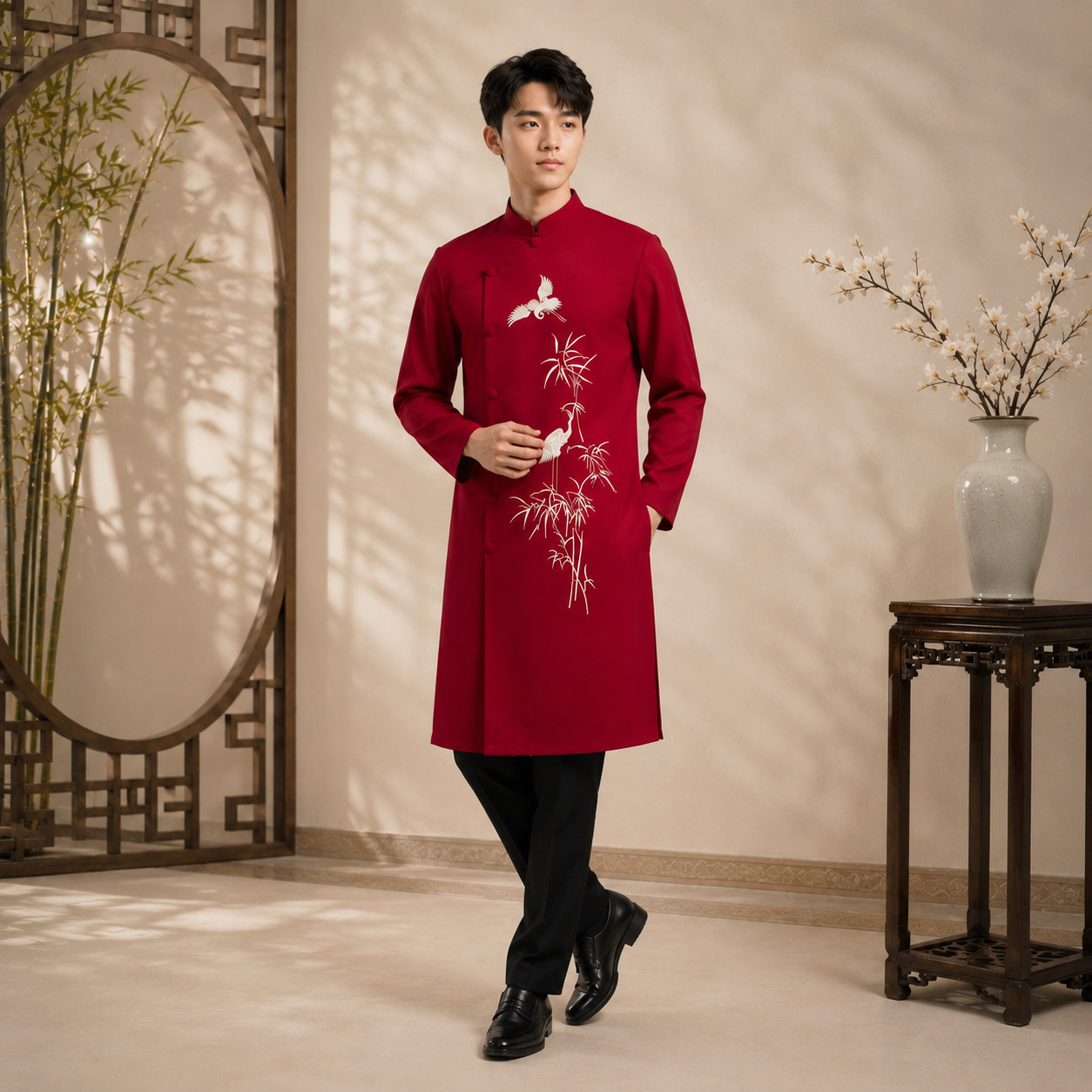 Áo Dài Nam Cách Tân Taffeta Đỏ Đô Thêu Trúc Quân Tử Cao Cấp NA26-21_thumbnail_1