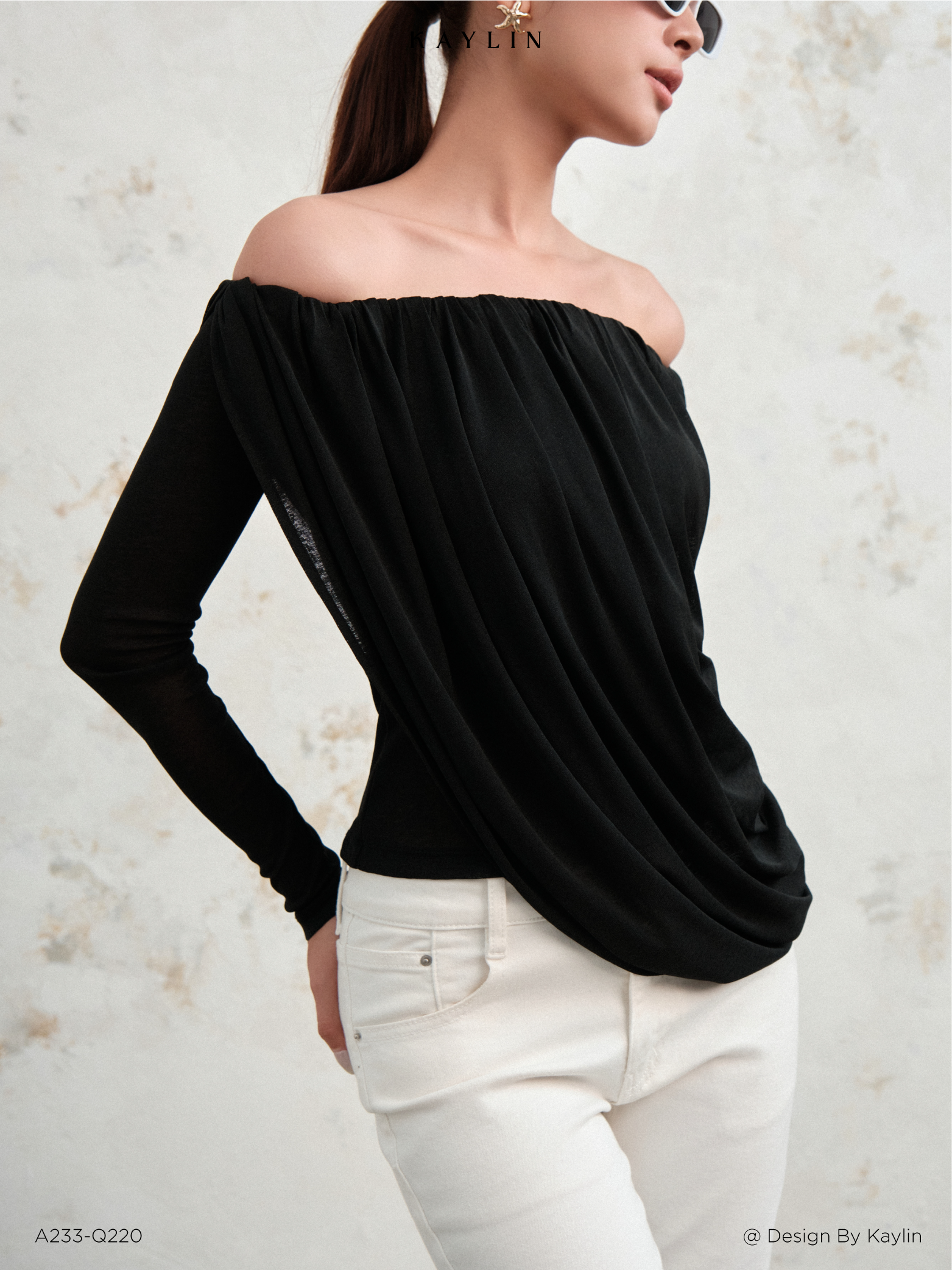 Áo Thun Giấy Trễ Vai Tay Dài Đổ Tà KAYLIN Draped Off-Shoulder Top