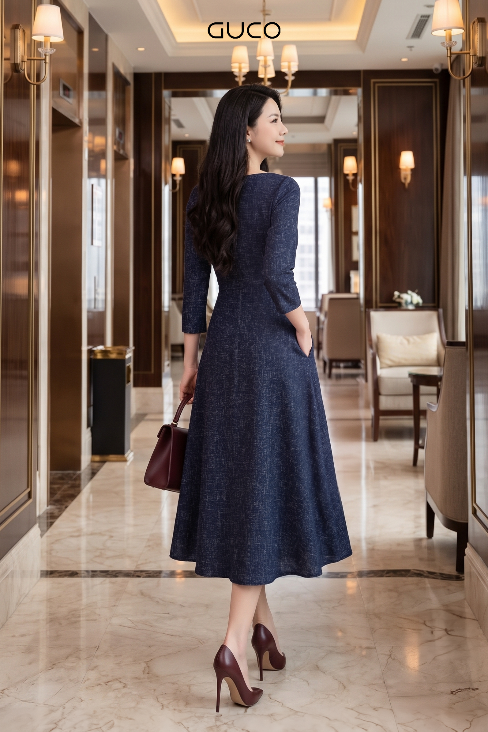 Đầm Xòe Dạ Tweed Xanh Đen Tay Lỡ - 5284_thumbnail_1