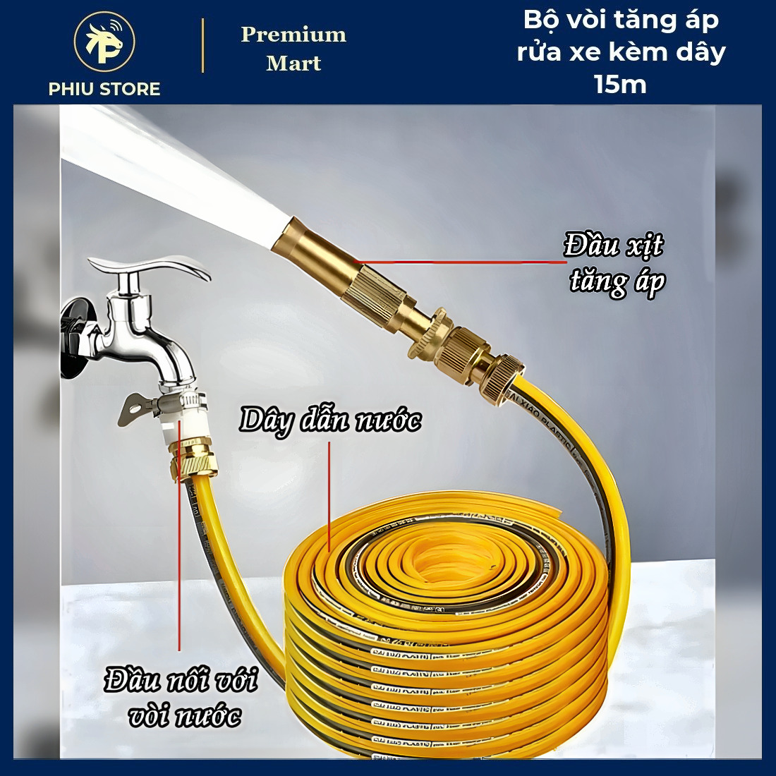 Dây Xịt Rửa Xe 15m - Bộ Vòi Tăng Áp Rửa Xe kèm Dây 15m, Dây Xịt Rửa Xe Áp Lực - PHIU STORE