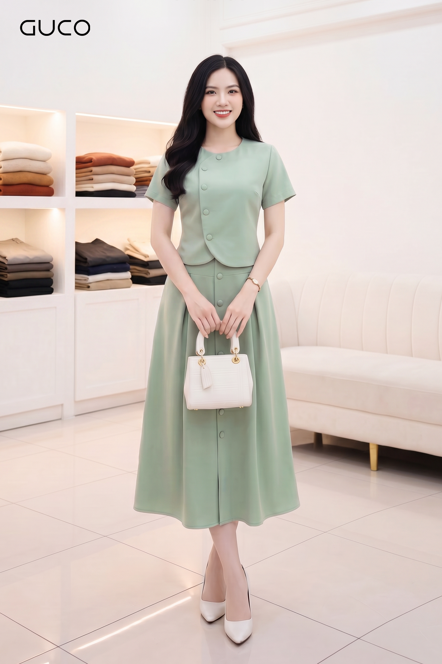 GUCO Chân Váy Công Sở Xanh Dáng Xòe Thanh Lịch