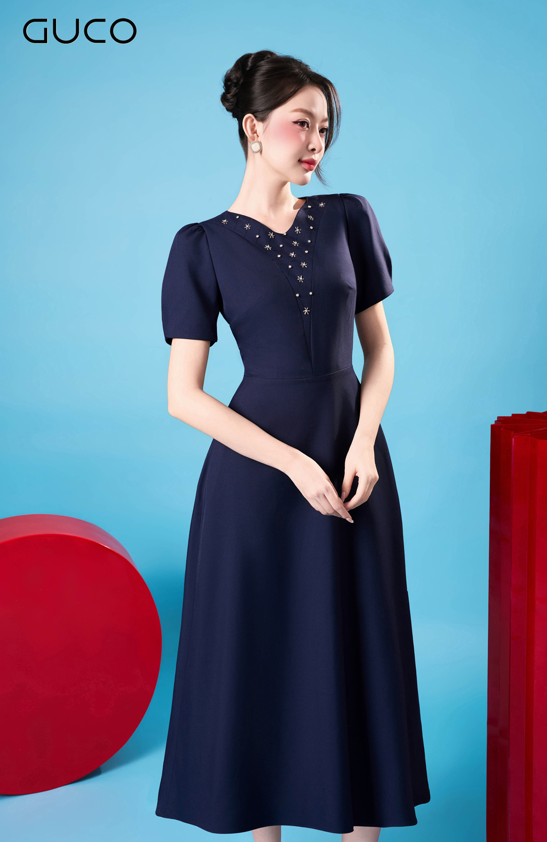Đầm Xòe Xanh Navy Vai Đính Đá_thumbnail_4