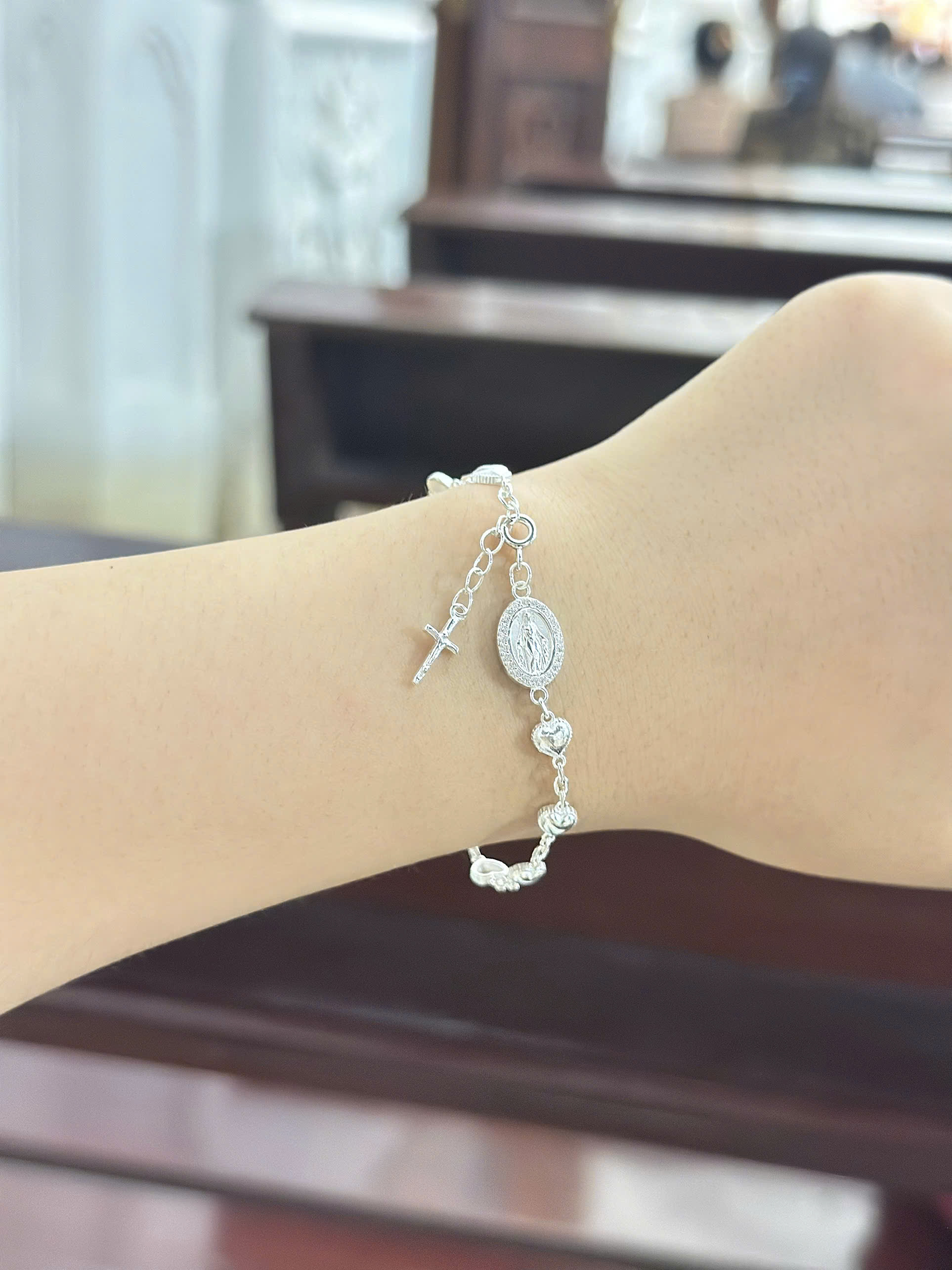 Lắc Tay Nữ Bạc Thánh Giá Vòng Tay Mân Côi Công Giáo Trái Tim Tinh Tế LB20 – Quà Tặng Ý Nghĩa