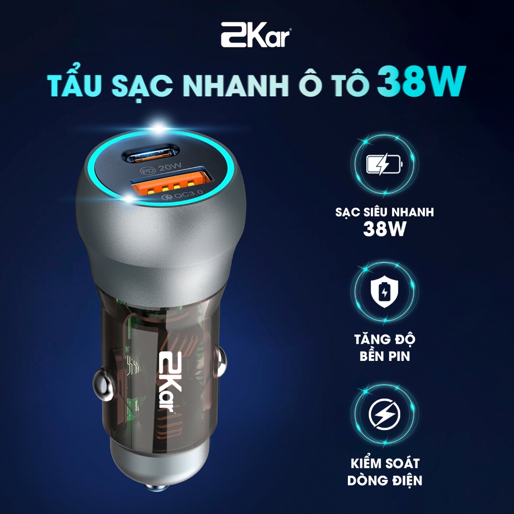 Tẩu Sạc Nhanh Ô Tô 2Kar 38W 2 Cổng USB & Type-C Chính Hãng