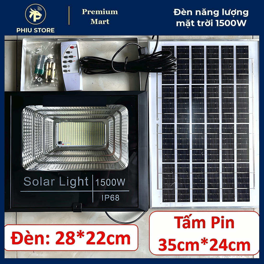 Đèn năng lượng mặt trời, đèn pha năng lượng mặt trời 1500W, đèn NLMT có điều khiển, tấm pin rời, chống nước IP68, PHIU STORE_thumbnail_1