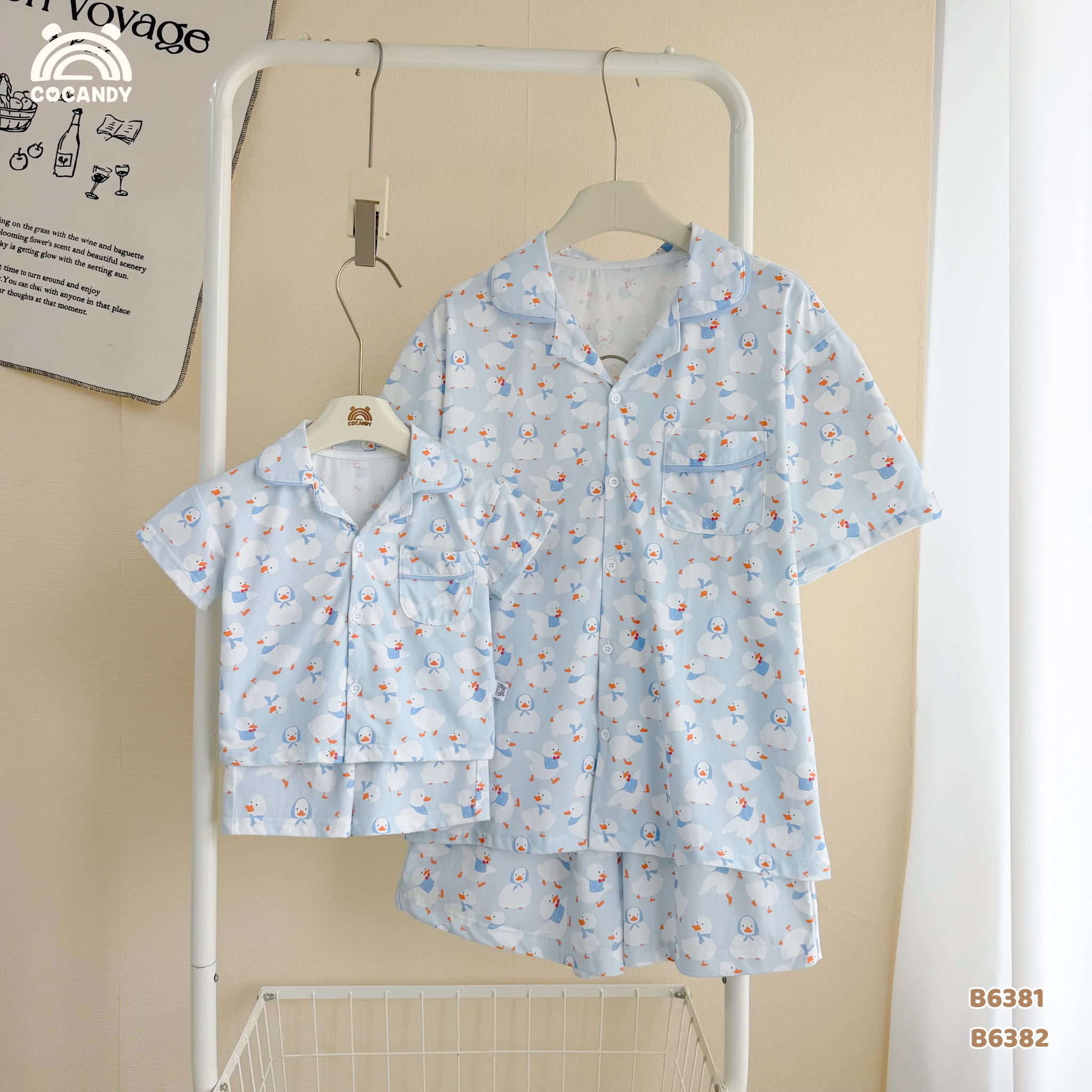 Bộ cộc pijama XANH họa tiết vịt quàng khăn NAM NỮ