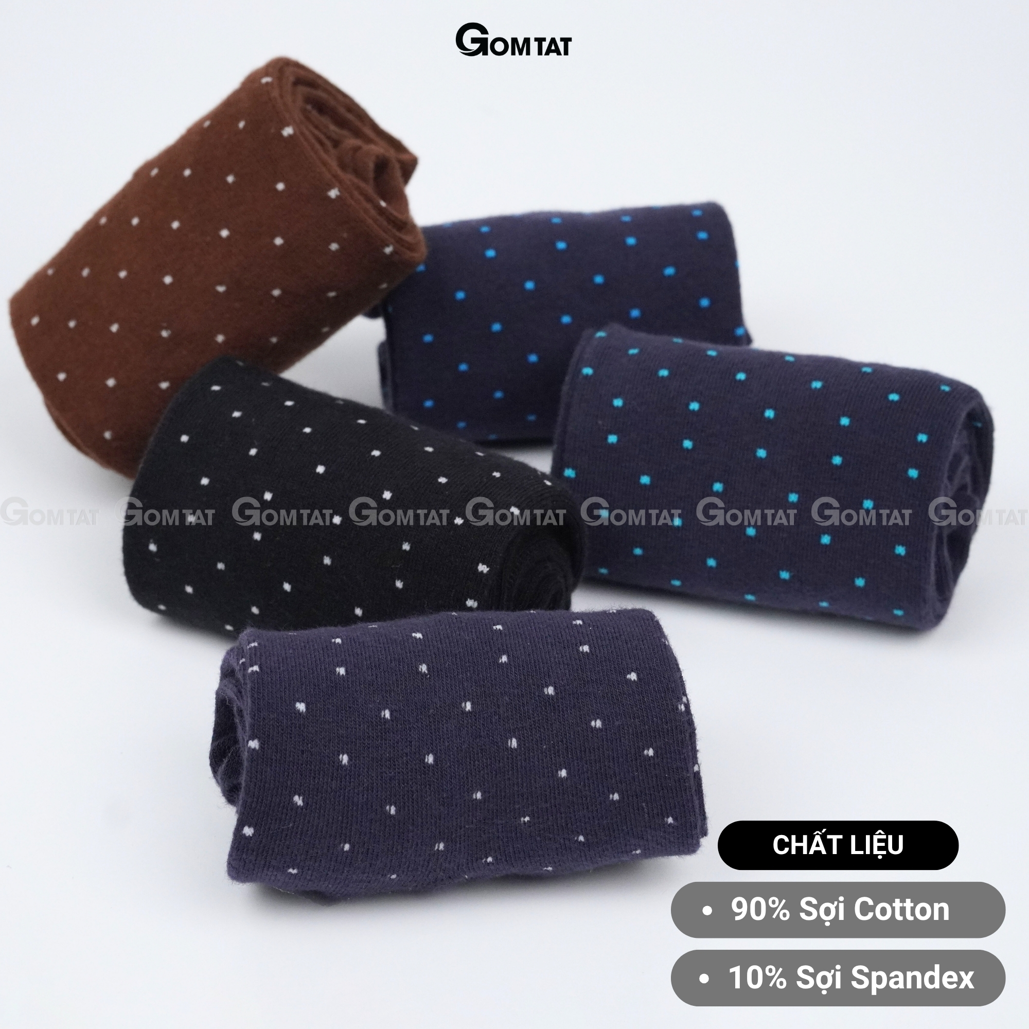 Hộp 5 đôi vớ nam cổ cao công sở GOMTAT hoạ tiết chấm bi, chất liệu cotton cao cấp LUX-CHAMBI-DUMAU-CB5_thumbnail_5