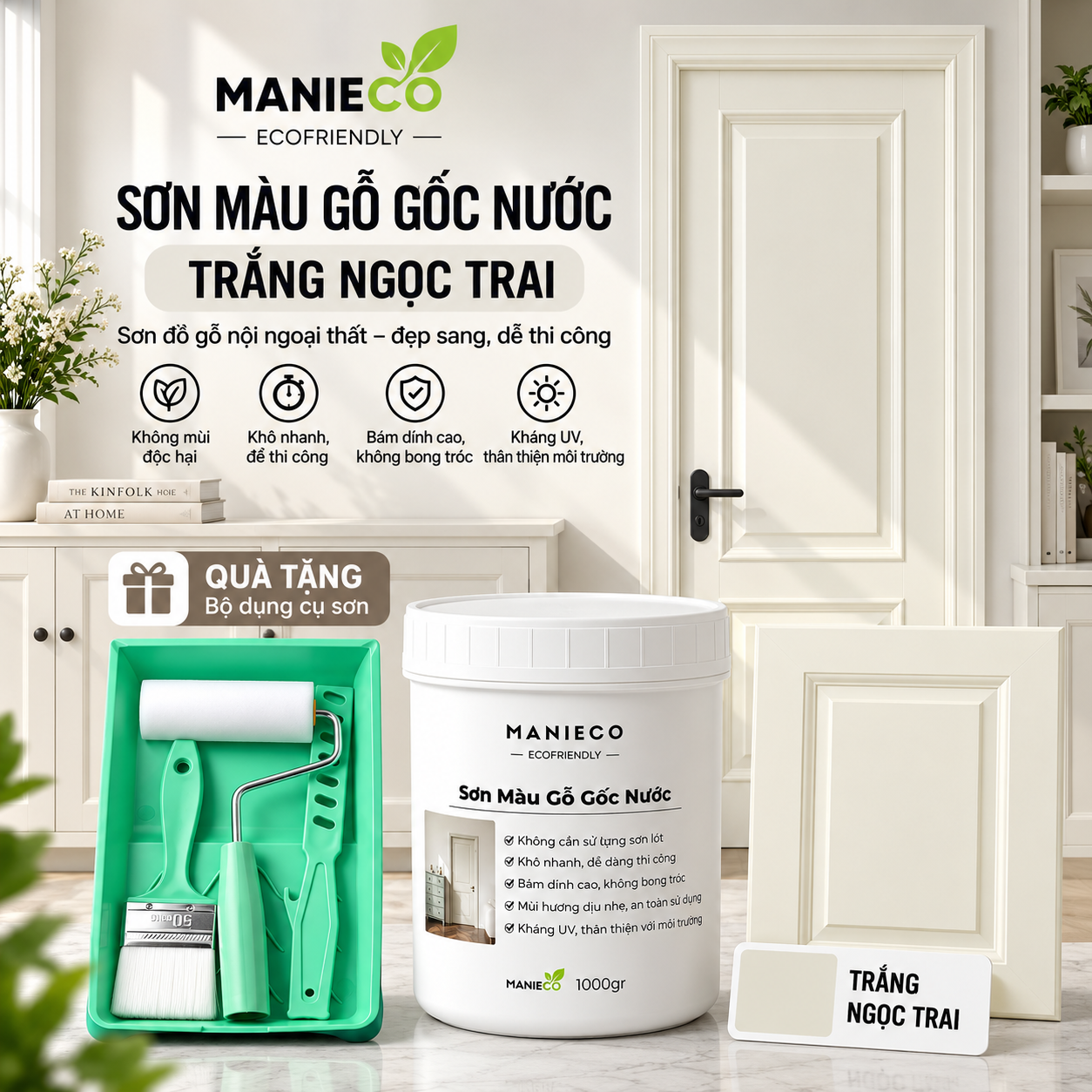 Màu Trắng Ngọc Trai - Sơn Gỗ Gốc Nước Đổi Màu Manieco 1KG - Nội Ngoại Thất, Che Phủ Hoàn Toàn, Không Mùi