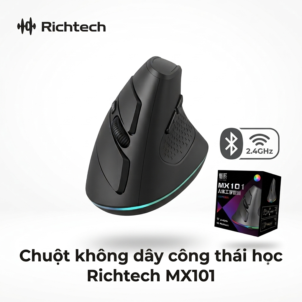 Chuột Không Dây Công Thái Học Richtech MX101 – Chống Mỏi Cổ Tay,  Chuột Yên Lặng, 3200 DPI, led RGD