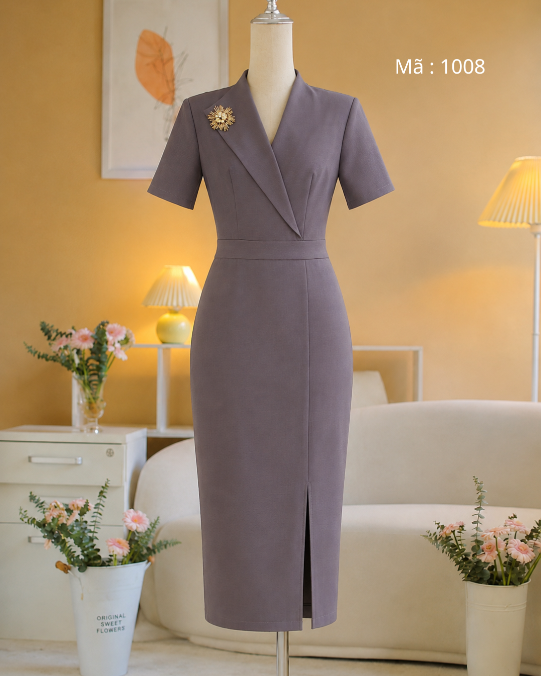 Đầm Bút Chì Cổ Vest Đính Tag