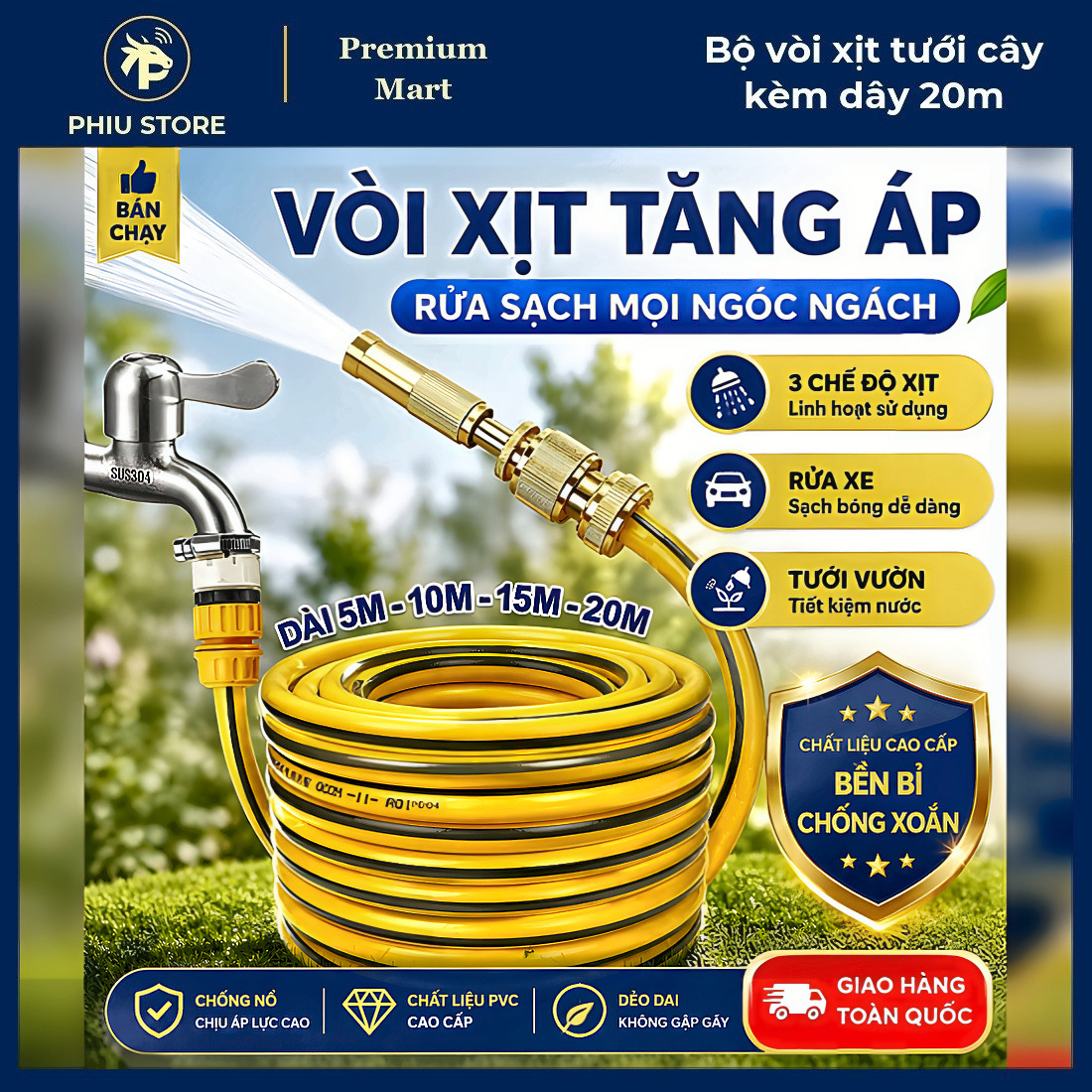 Dây Tưới Cây 20m - Bộ Vòi Xịt Tưới Cây kèm Dây 20m, Bộ Vòi Tưới Cây Đa Năng - PHIU STORE