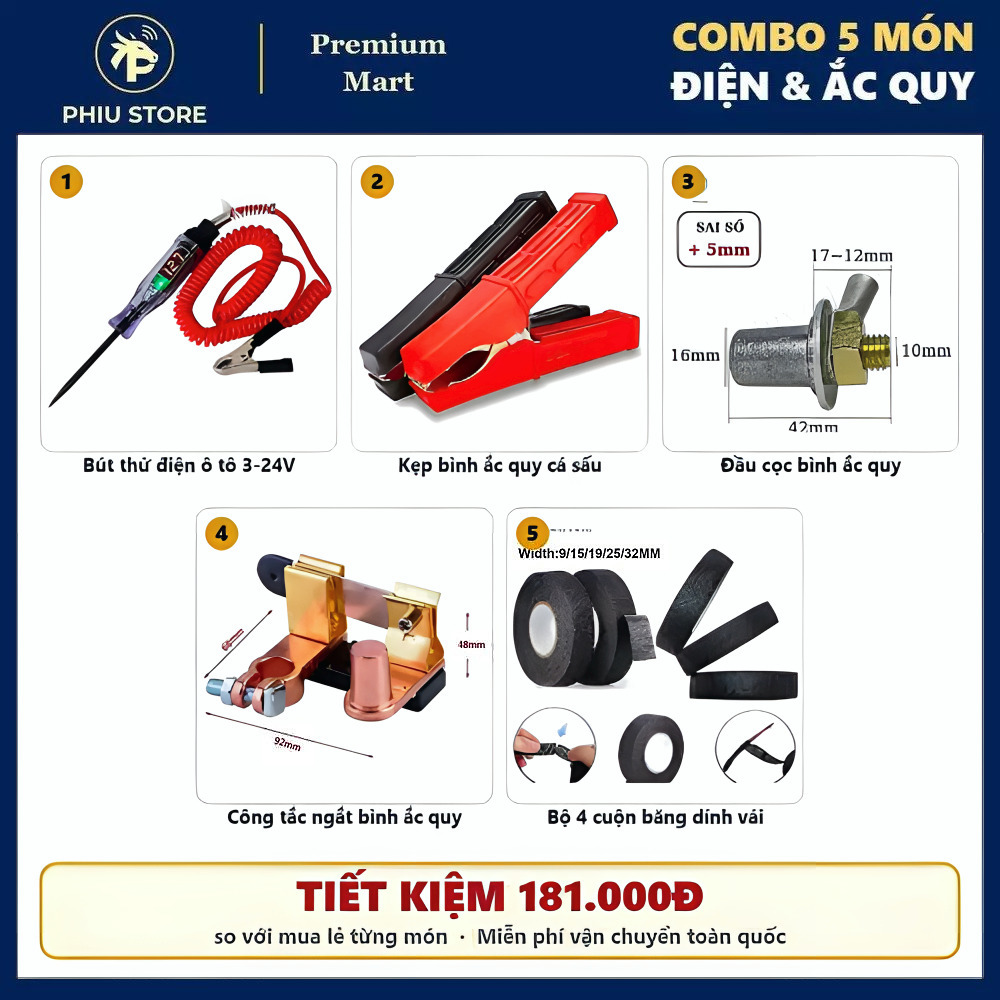 Combo Đồ Nghề Điện & Ắc Quy 5 Món - Bút Thử Điện, Kẹp Bình Cá Sấu, Đầu Cọc Bình, Công Tắc Ngắt Bình, Băng Dính Vải