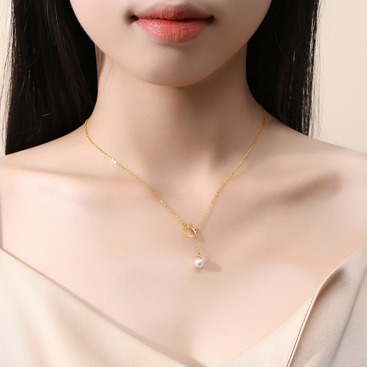 Dây Chuyền Bạc S925 Mẫu Tai Mèo Phối Ngọc Trai Cá Tính HTT045V Vàng - Trắng_thumbnail_2