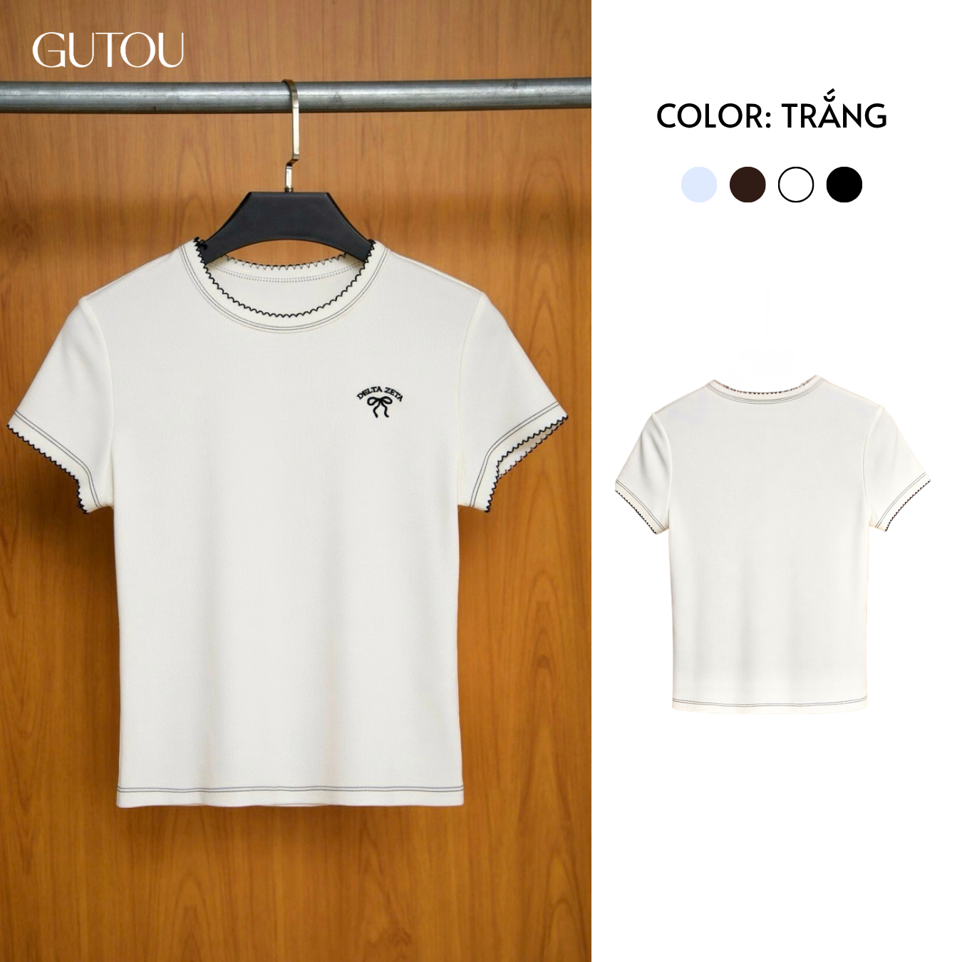 [ GUTOU ] Áo Thun Nữ Tay Ngắn Ôm Dáng Viền Chỉ Phối Màu Basic_thumbnail_5