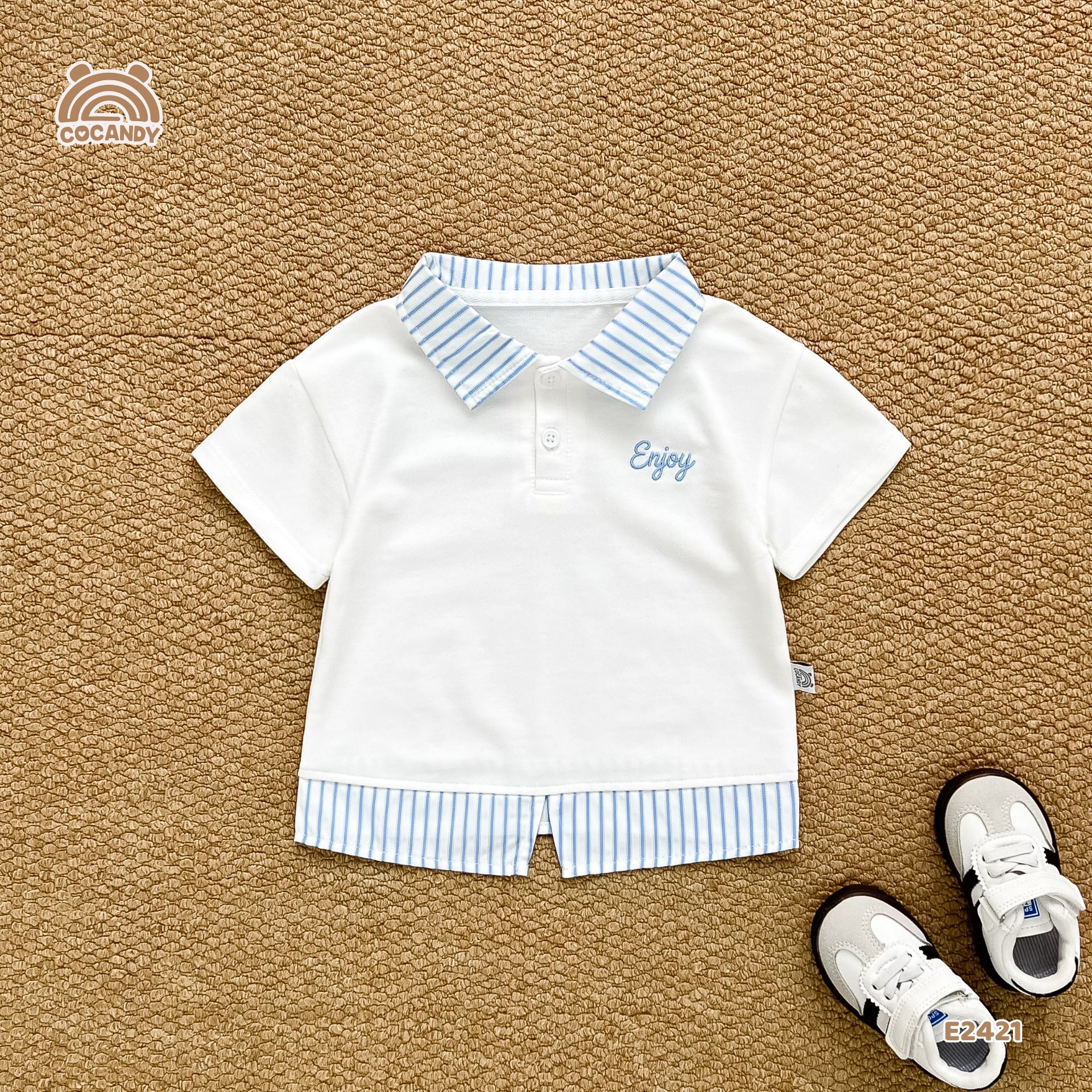 Áo cộc polo TRẮNG phối kẻ xanh thêu chữ_thumbnail_3