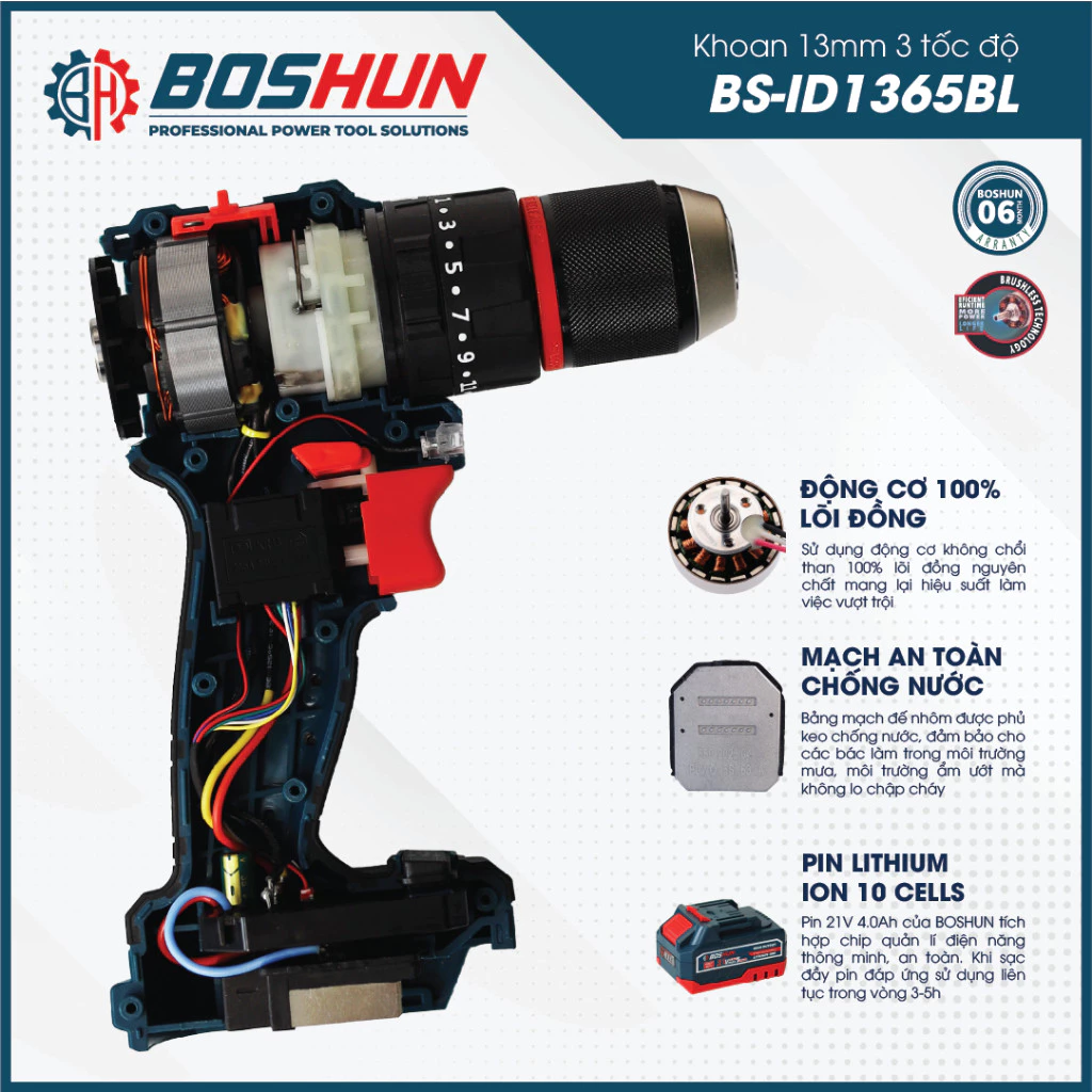 Máy Khoan Pin 13mm BOSHUN BS-ID1365BL – 3 Chức Năng Khoan Búa, Bắt Vít, Khoan Tường, Gỗ, Sắt – Động Cơ Không Chổi Than