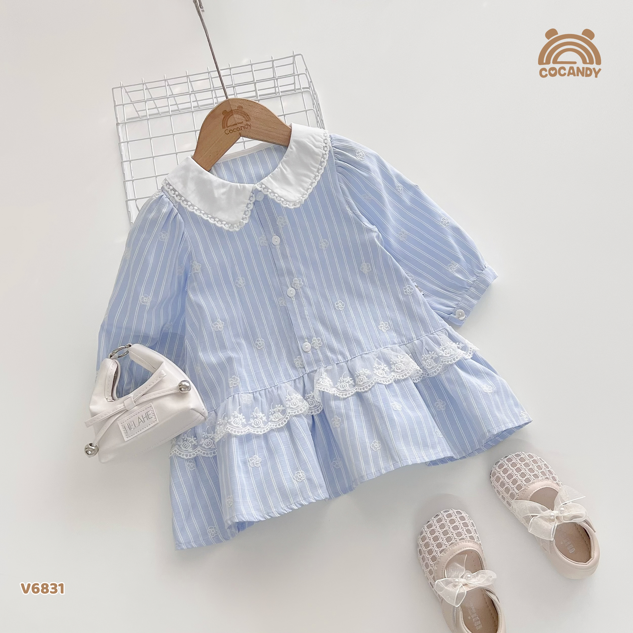 Váy dài kẻ XANH phối ren thêu hoa_thumbnail_3