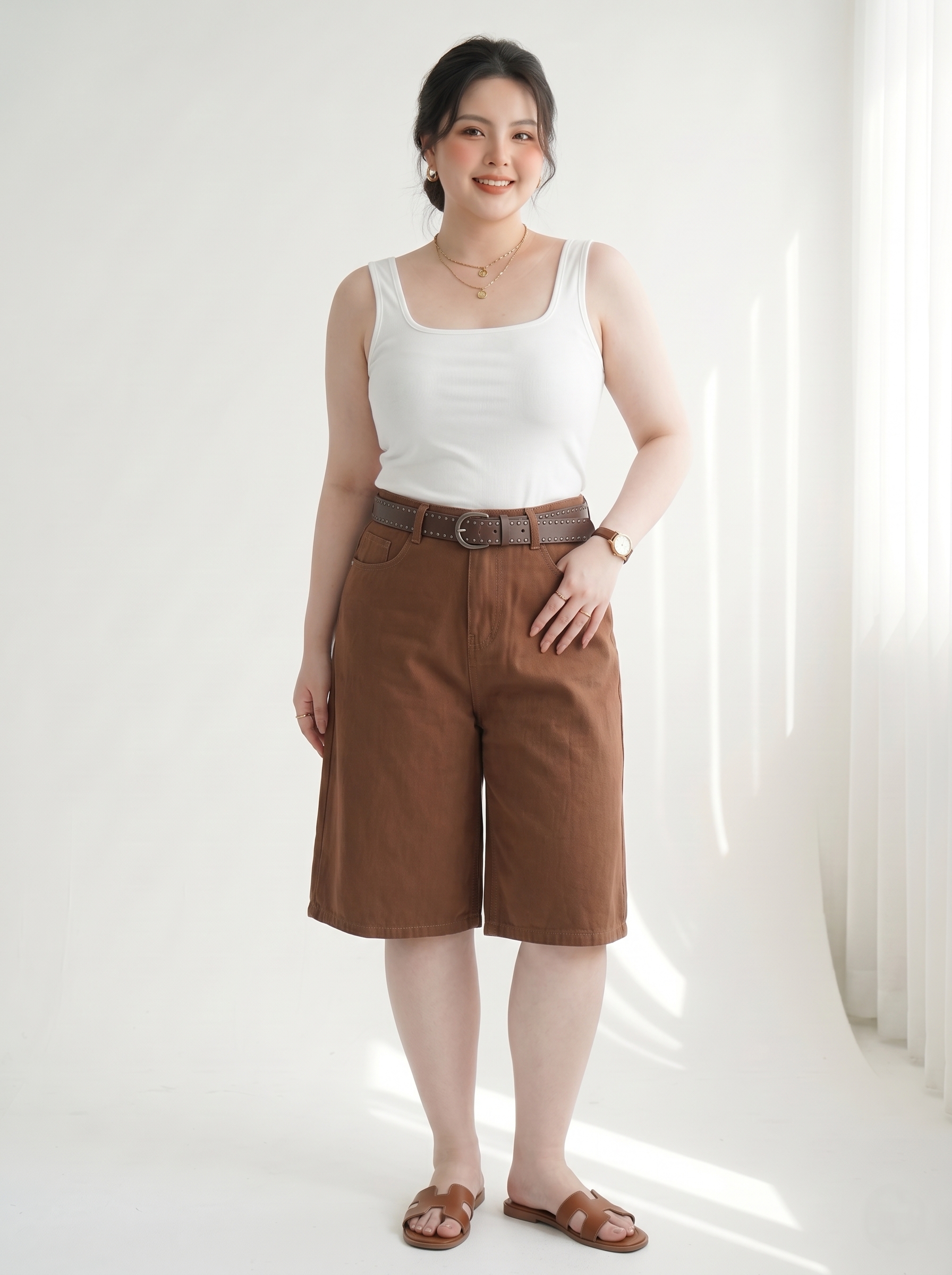 Quần Lửng Kaki Jean Túi Hộp Thêu Bigsize Lưng Cao Ống Rộng - Nâu, Trắng - Vừa 55-90kg - T-QSJ74