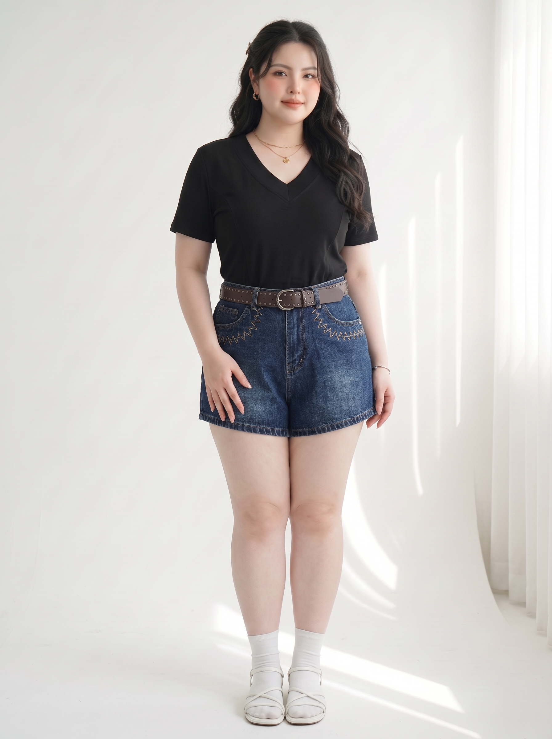 Quần Short Jean May Viền Túi Bigsize Cạp Cao Gọn Đùi Dễ Phối - Xanh/Đen Wash - Vừa 55-90kg - T-QSJ1327