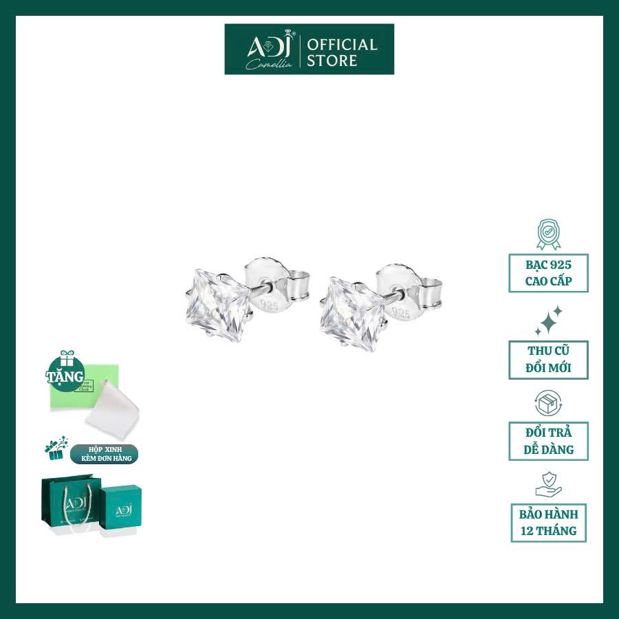 Bông Tai Nữ Bạc 925 ADJ Đính Đá CZ Vuông Lấp Lánh – Hoa Tai Bạc S925 Cao Cấp Thanh Lịch, Trang Sức Nữ Sang Trọng - SB114