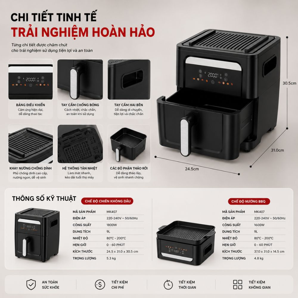 Nồi Chiên Không Dầu Kèm Vỉ Nướng 2-in-1 Mishio MK407: Nâng Tầm Món Ngon, Tiện Lợi Vượt Trội_thumbnail_10