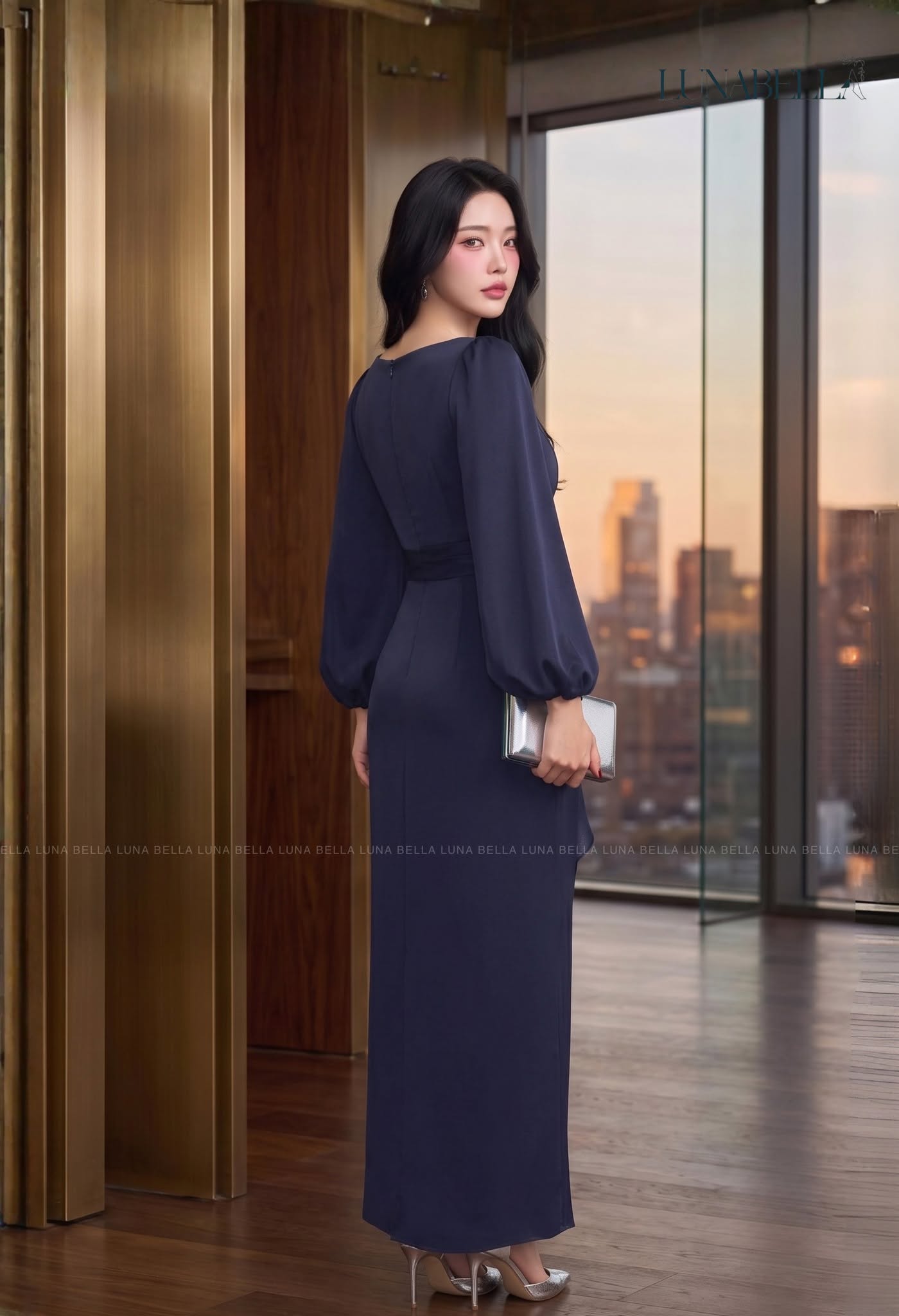 Váy lụa dài tay bèo rủ ELARA màu XANH NAVY_thumbnail_2