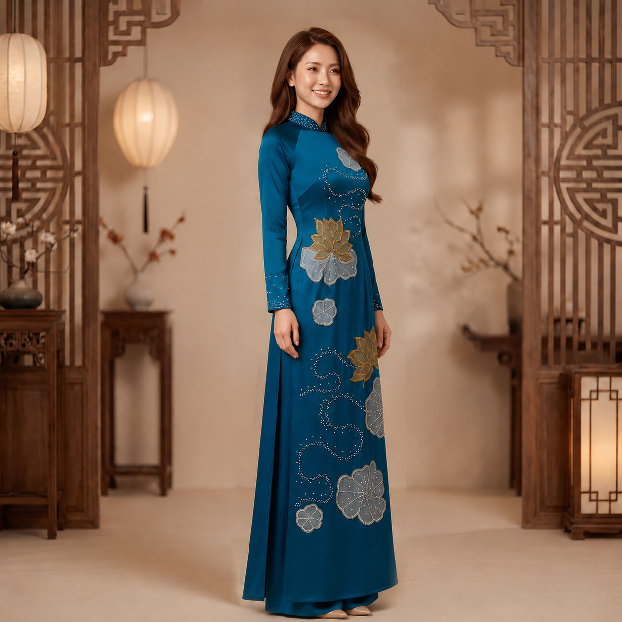 Áo Dài Mẹ Cô Dâu Chú Rể Thêu Hoa Sen Xanh Cổ Vịt Sang Trọng AM26-16_thumbnail_2