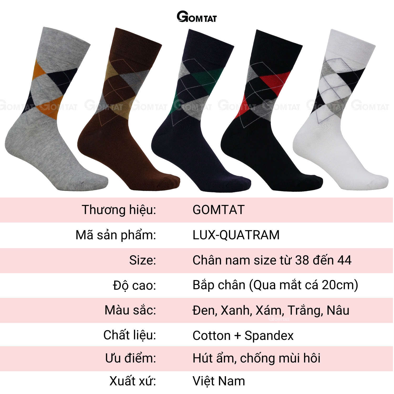 Hộp 5 đôi tất nam cao cổ đi giày tây GOMTAT hoạ tiết quả trám sợi cotton cao cấp LUX-QUATRAM_thumbnail_7