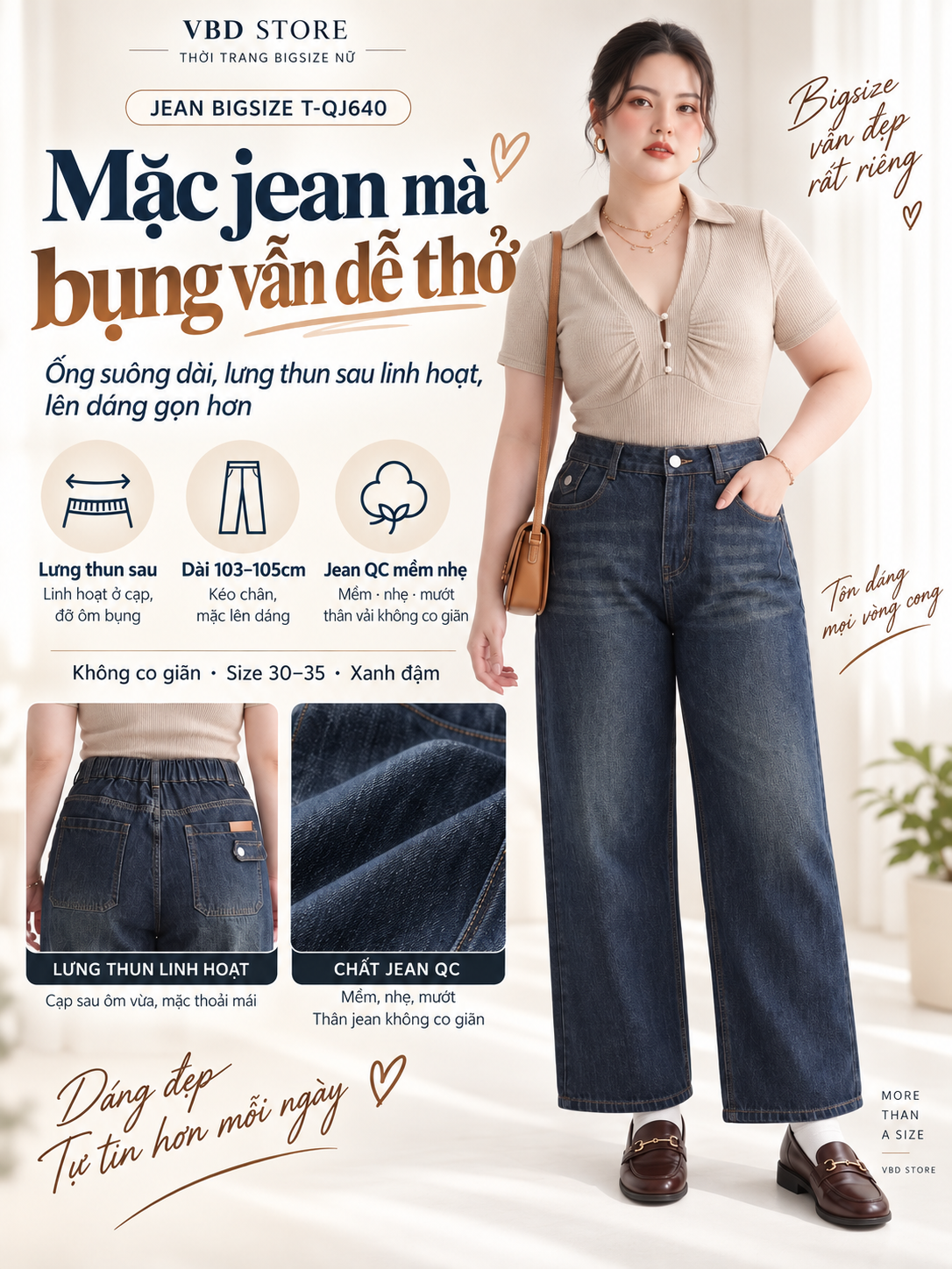 Minh họa quần jean T-QJ640 xanh đậm với lưng thun sau, dáng suông và các điểm nổi bật