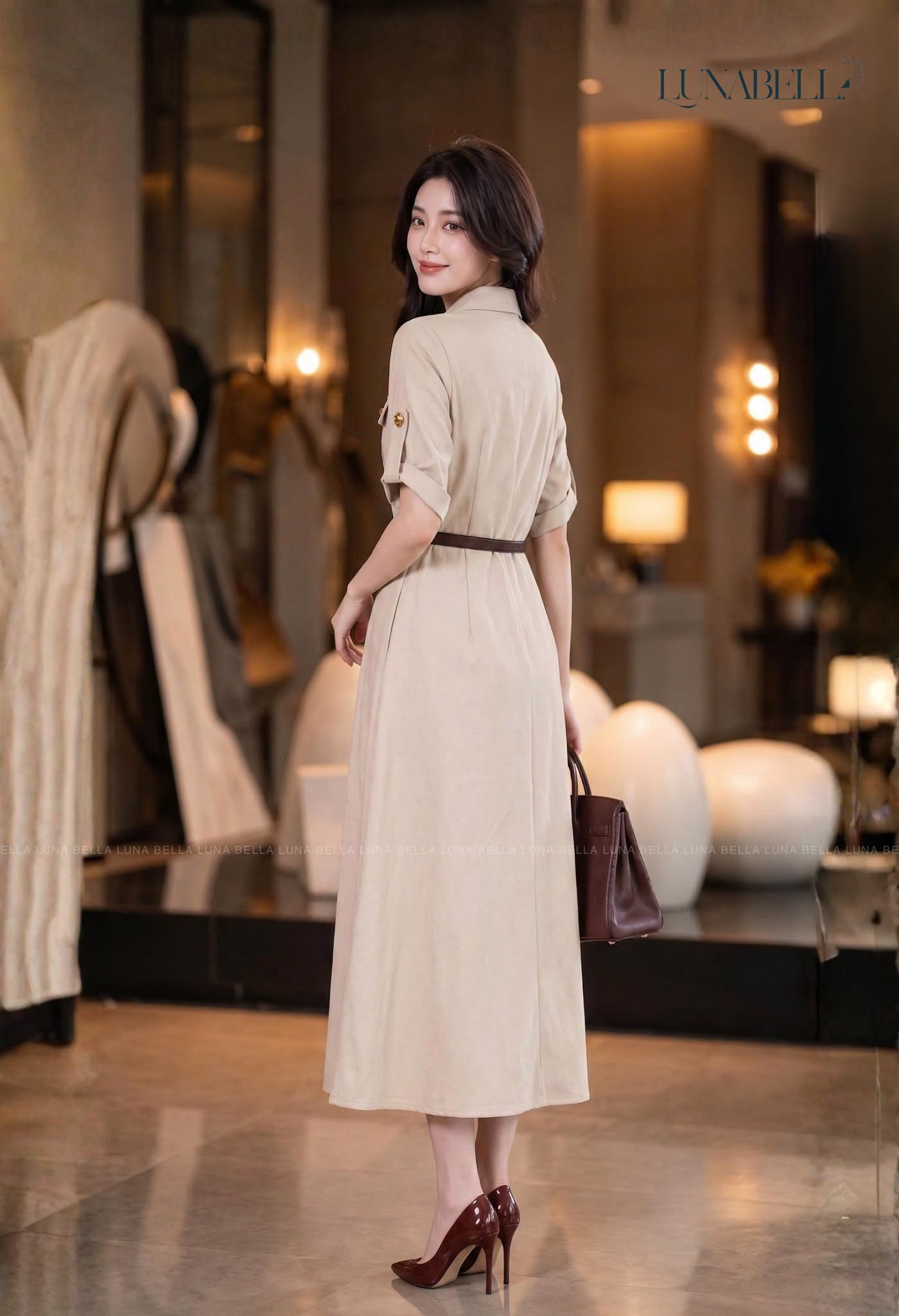 Váy sơ mi dài túi ngực cúc dọc MARIEL màu BE_thumbnail_2