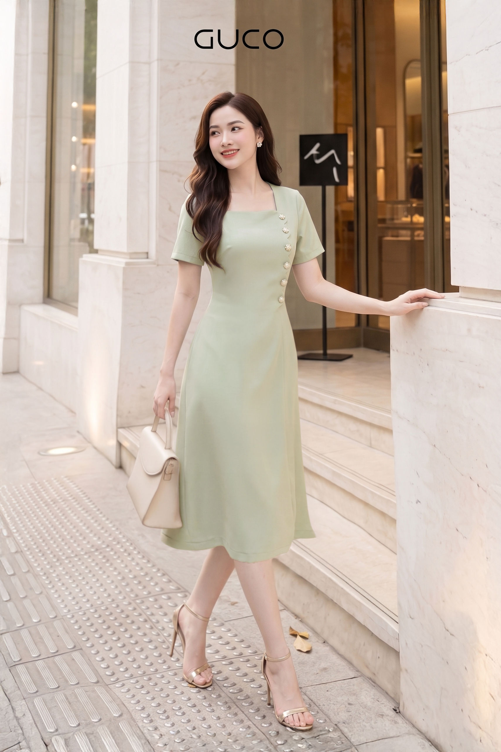 Đầm Xanh Dáng A Đính Nút_thumbnail_2