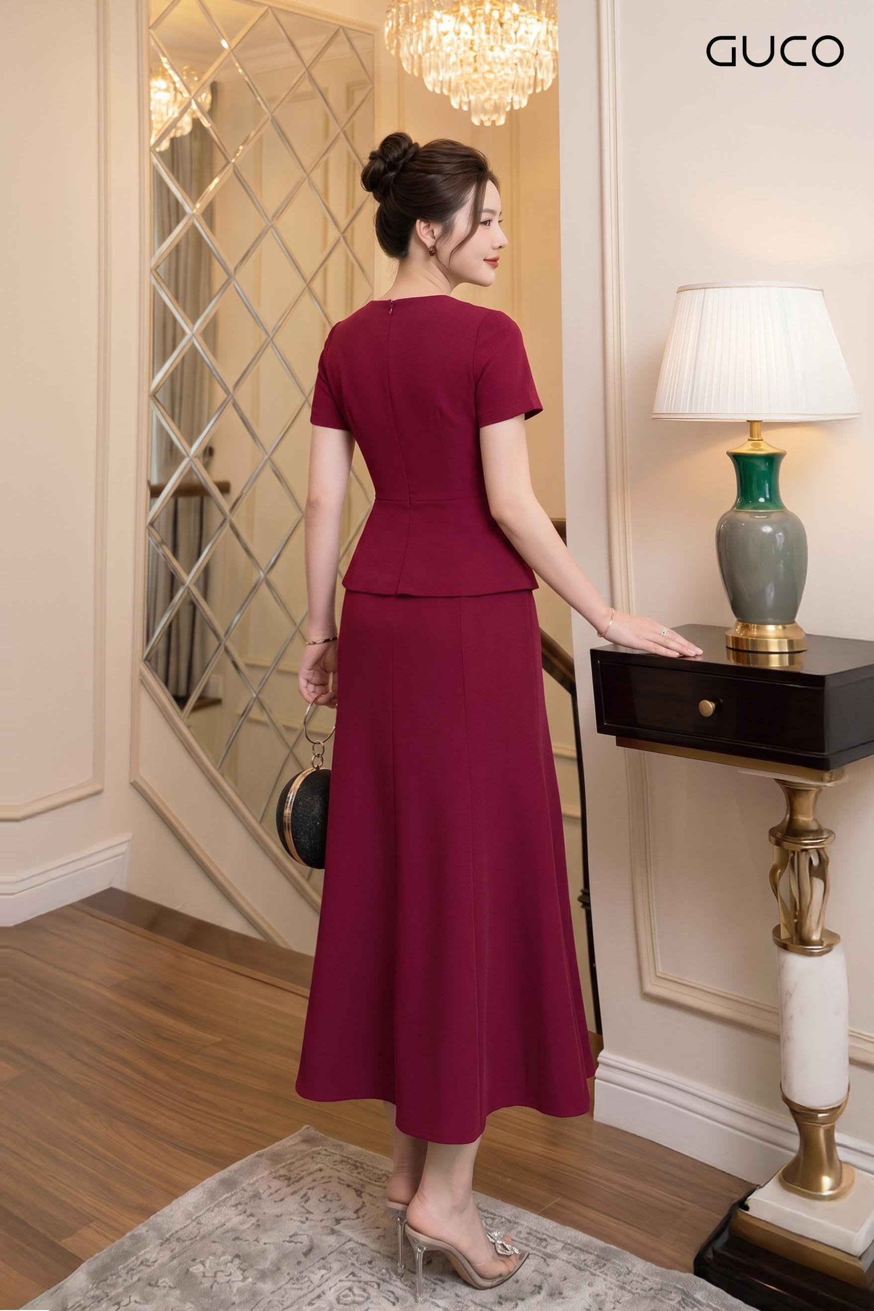 Đầm Dự Tiệc Đỏ Burgundy Cổ V Xếp Vạt Eo_thumbnail_1