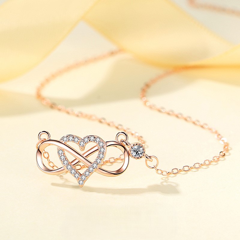 Dây Chuyền Bạc Nữ S925 Trái Tim Vô Cực Đính Đá Zircon Thanh Lịch Trẻ Trung HTT059T Trắng - Vàng Hồng