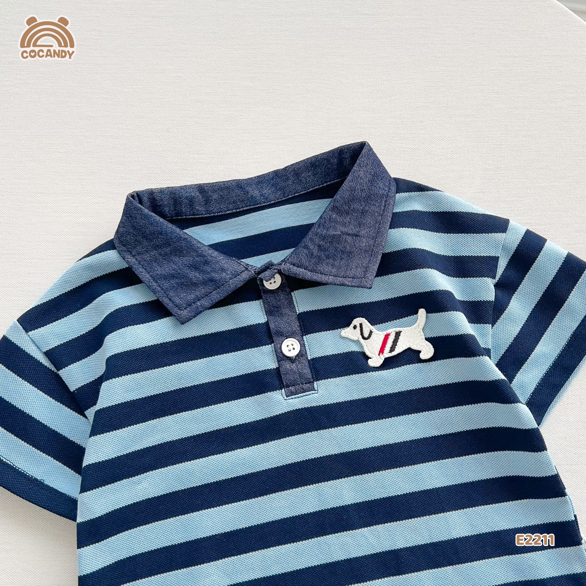 Áo cộc polo kẻ XANH NAVY nẹp cổ tag cún_thumbnail_5