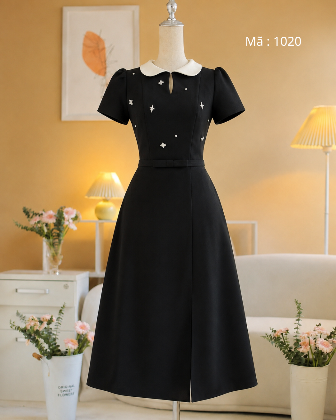 Đầm Xoè Cổ Sen Nơ Eo Đính Charm