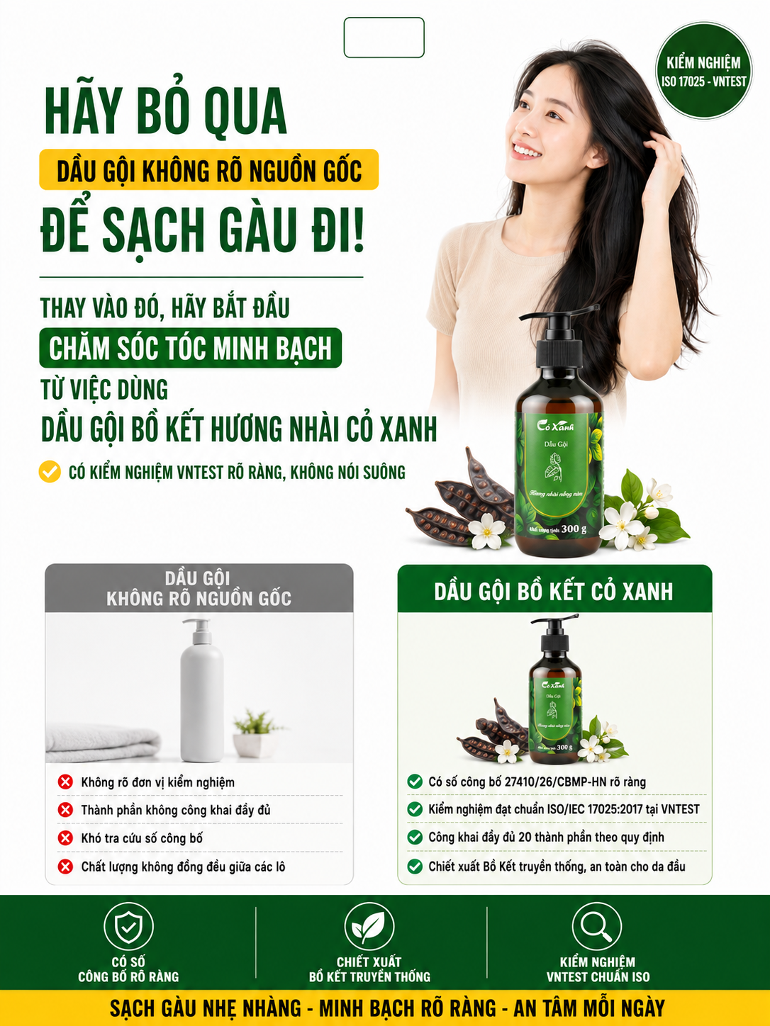 Dầu gội bồ kết hương nhài Cỏ Xanh hỗ trợ làm sạch gàu chấy gây ngứa từ thành phần sánh mịn