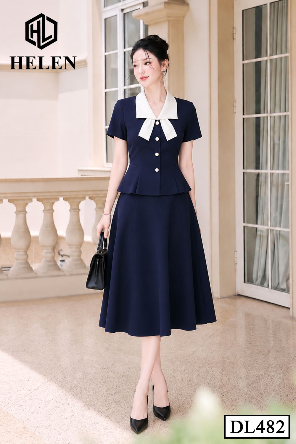 Đầm xòe peplum xanh than phối cổ trắng