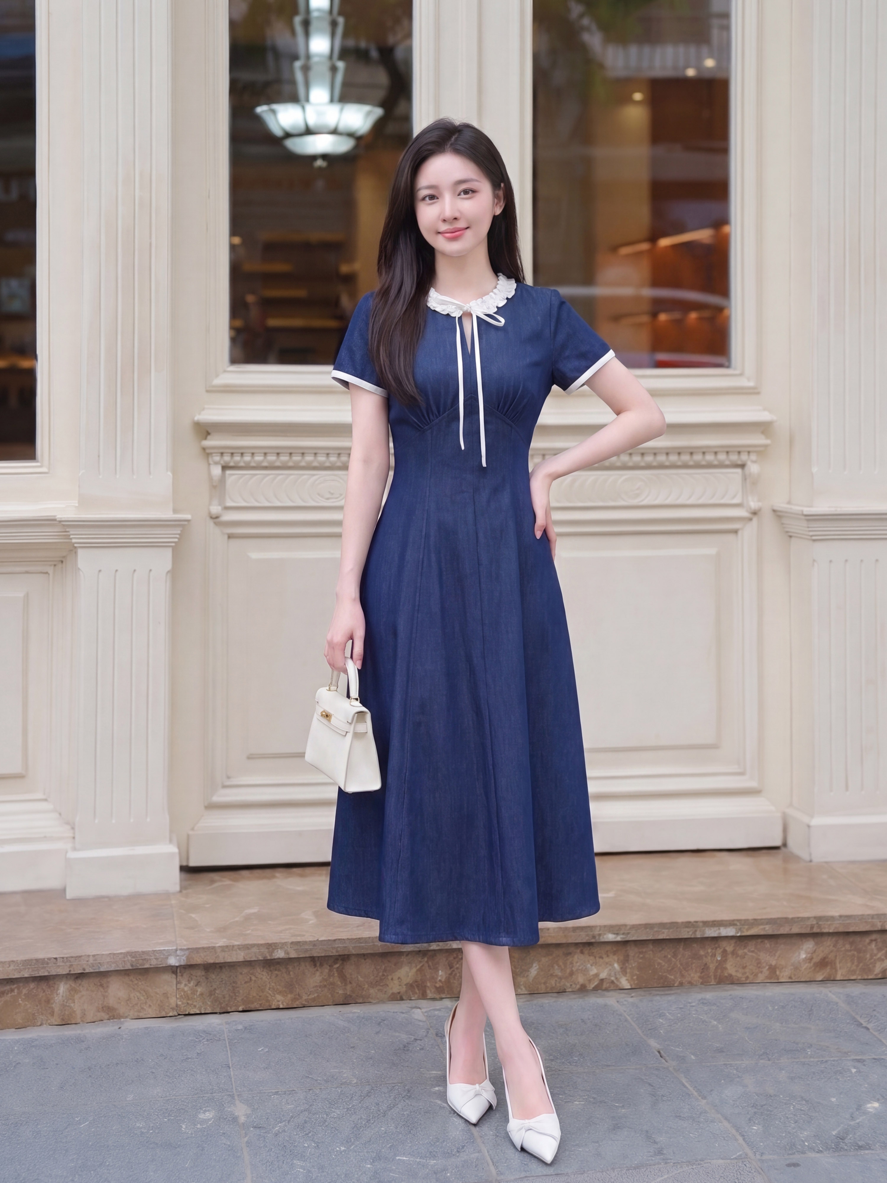 Váy denim cộc tay phối cổ 607008