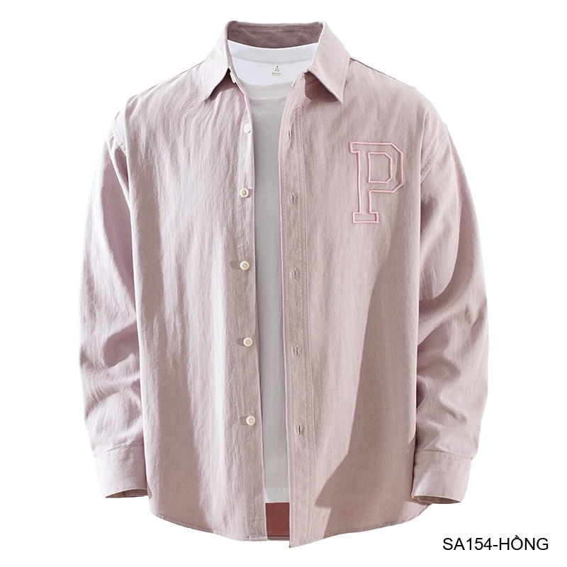 SA154 - Áo sơ mi nam dài tay thêu chữ P phong cách Nhật, dáng rộng thoải mái, màu hồng xám_thumbnail_4
