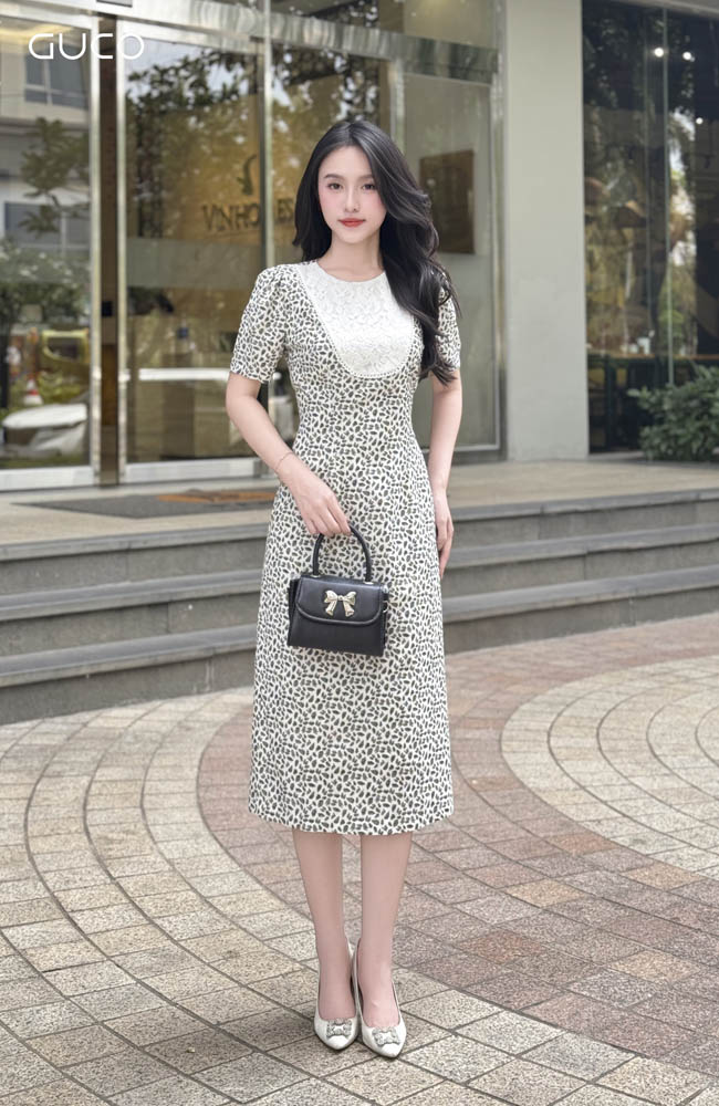 ĐẦM HỌA TIẾT LÁ CỔ PHỐI REN - TRẮNG