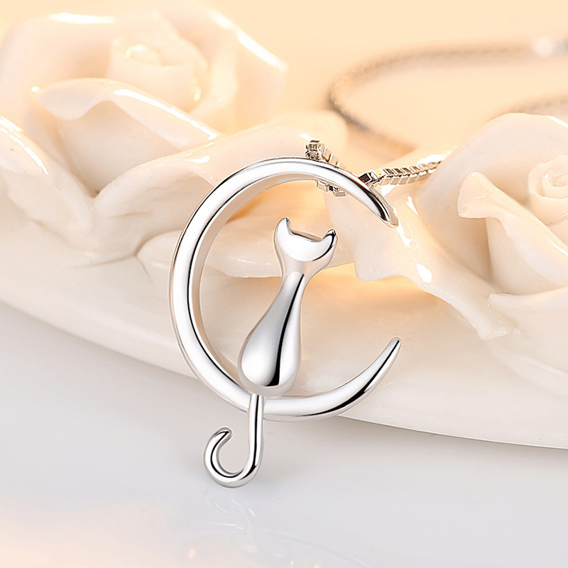 Dây Chuyền Bạc Nữ S925 Mẫu Mèo Ngắm Trăng – Sang Trọng Lãng Mạn HTT053V Vàng - Trắng