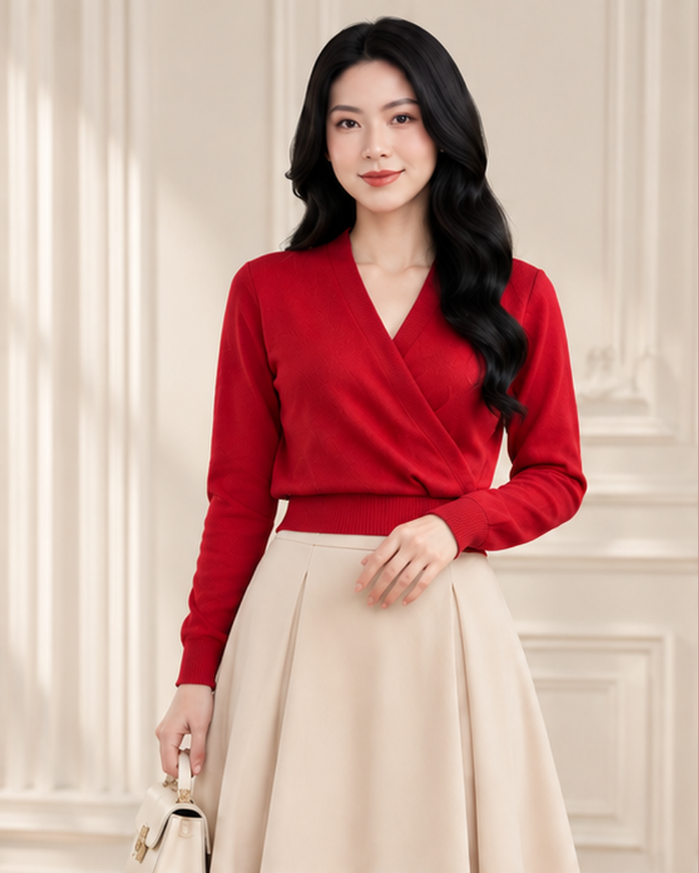 Áo Len Đỏ Cổ Đắp Chéo Thanh Lịch - MA020