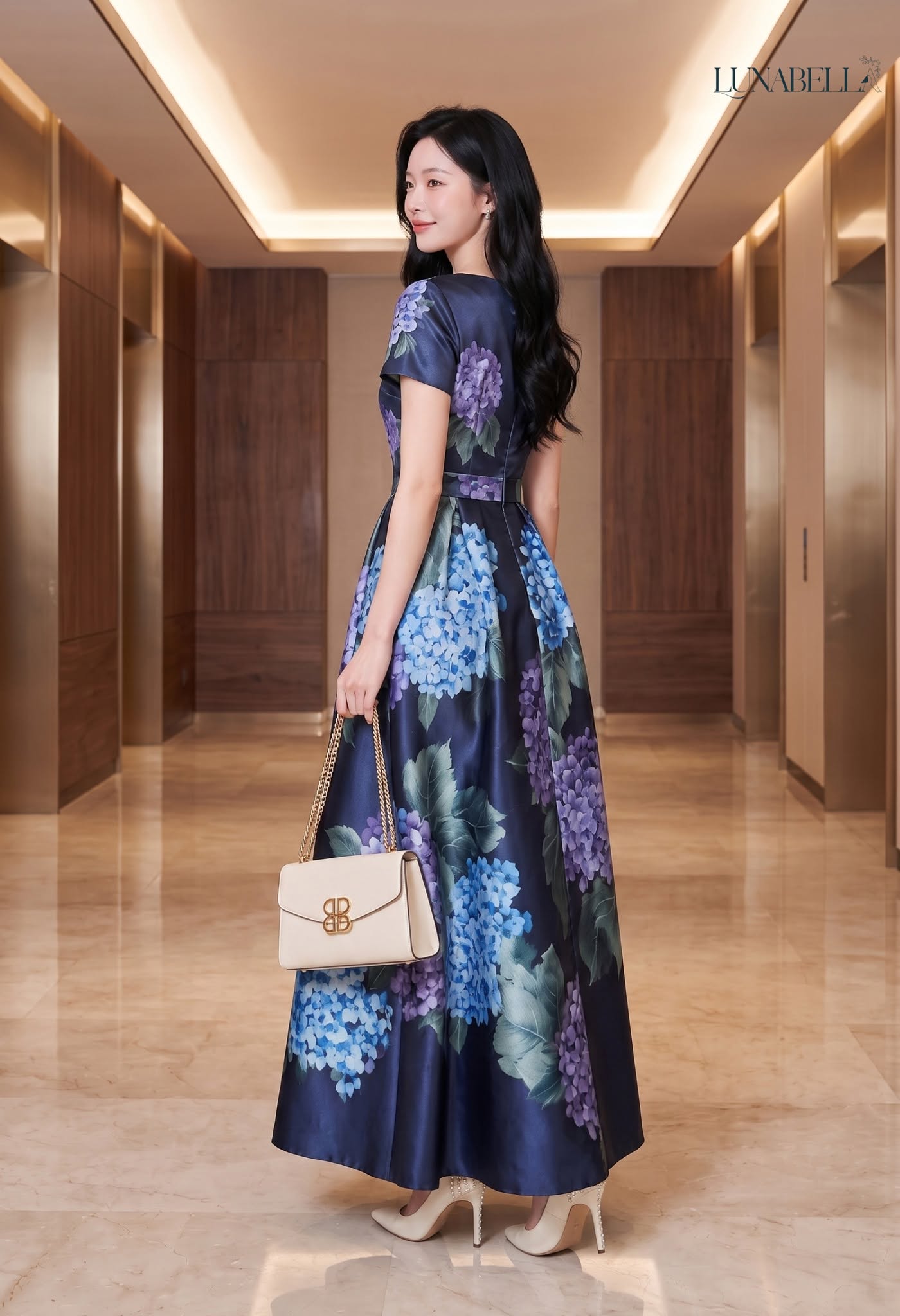 Váy tafta lụa dài AMETHYST in hoa màu NAVY_thumbnail_2