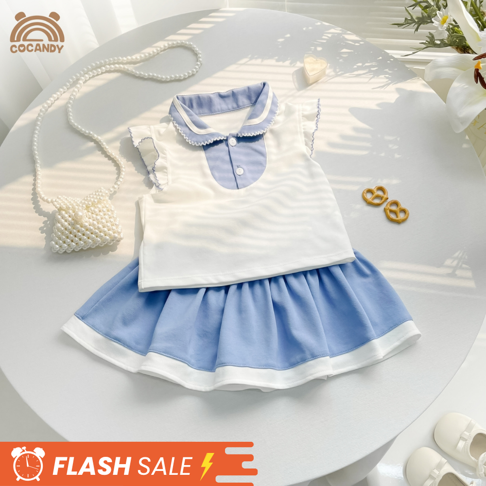 Bộ sát nách TRẮNG phối chân váy xanh dương tay bèo