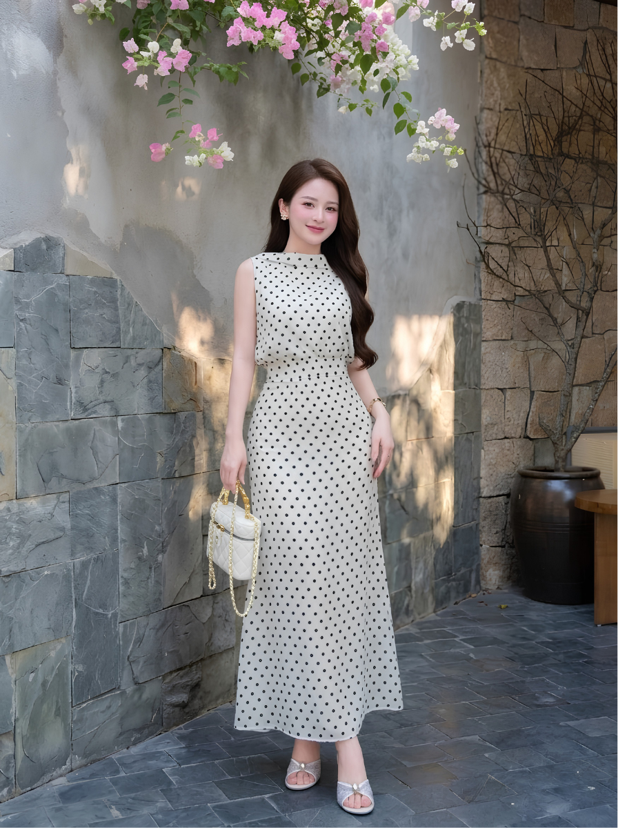 G36 - Set Áo Cách Điệu Kèm Chân Váy Lụa Chấm Bi