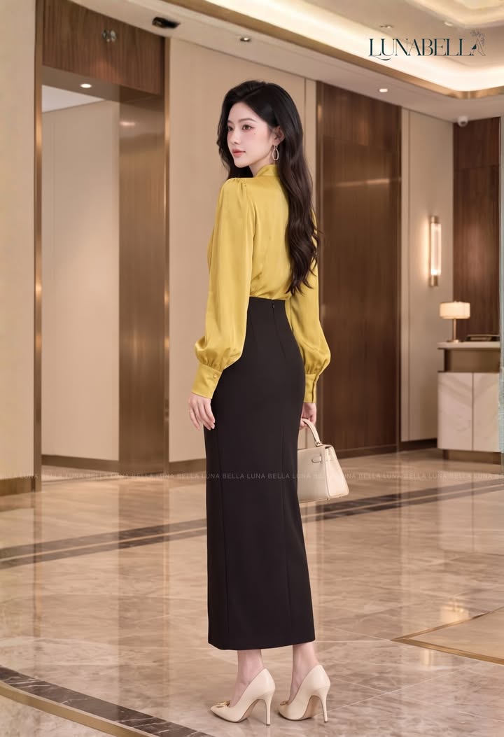 Set áo lụa chân váy dài xẻ cạnh ARVESA màu VÀNG_thumbnail_1